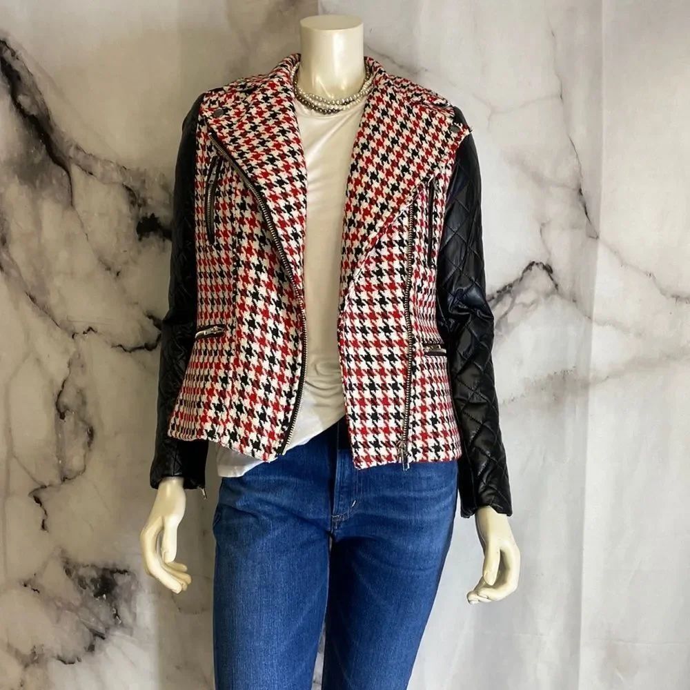 *KUT brand red white and black Houndstooth tweed with quilted leather sleeves *